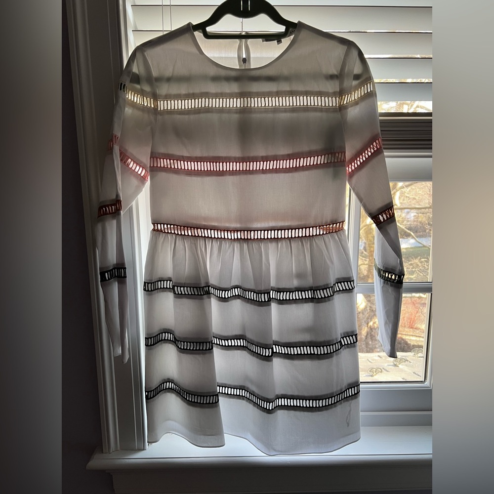 English Factory White Sheer Long Sleeve Dress with Multicolor Ladder Trim